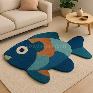 Handmade Fish Shape Tufted Rug – Multi colour Blue And Orange Kids room Carpet Carpet for Kids Room, Playroom & Nursery۔