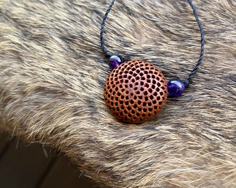 Protea Pod Necklace Small Pendant with Amethyst beads - Flower of Life - Natural Jewelry - Simple Sacred Geometry - Handmade Druid Hippy