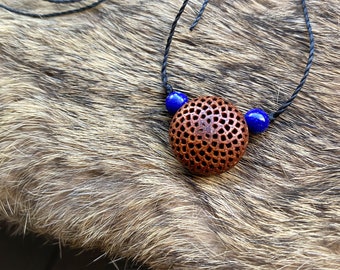 Protea Pod Necklace Small Pendant with Lapis Lazuli beads - Flower of Life - Natural Jewelry - Simple Sacred Geometry - Handmade Druid Hippy