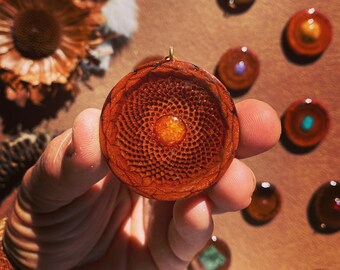 Protea Pod Amber Pendant Resin Art Jewelry Necklace Nature Hippy Pinecone Crystal Hand Made Natural Flower of Life Sacred Geometry
