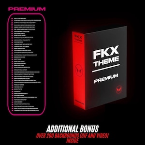 Puede incluir: Una caja negra y roja con el texto "FKX THEME PREMIUM" en blanco. La palabra "PREMIUM" también está en rosa. La imagen también incluye una lista de características y el texto "ADDITIONAL BONUS OVER 200 BACKROUNDS (GIF AND VIDEO) INSIDE".