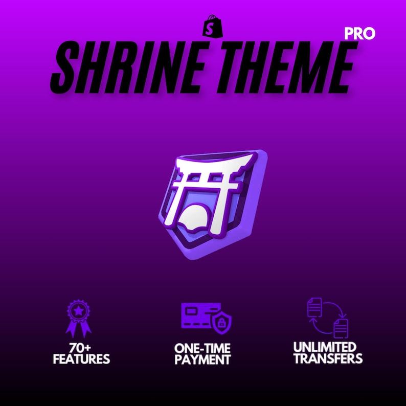 May include: A purple graphic with the text "SHRINE THEME" and a stylized white and purple icon of a Japanese shrine gate. Below are icons and text for "70+ FEATURES", "ONE-TIME PAYMENT", and "UNLIMITED TRANSFERS".