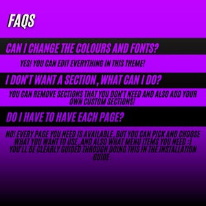May include: A graphic with the word "FAQs" in white text at the top. Below, questions and answers are displayed in white text on alternating black and purple horizontal bars. The questions address customization options and page selection.