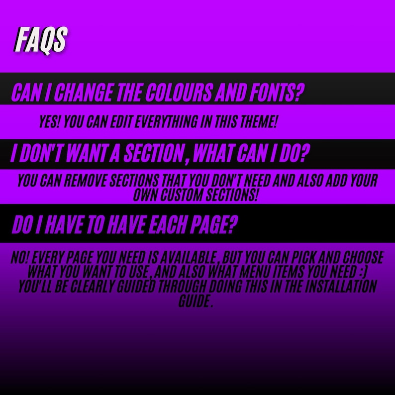 May include: A graphic with the word "FAQs" in white text at the top. Below, questions and answers are displayed in white text on alternating black and purple horizontal bars. The questions address customization options and page selection.