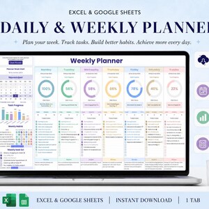 Peut inclure: Un planificateur quotidien et hebdomadaire numérique pour Excel et Google Sheets affiché sur un écran d'ordinateur portable. L'interface comprend un calendrier, des graphiques de progression, des suivis d'habitudes et un planning hebdomadaire.