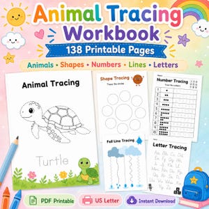 Peut inclure: Un cahier d'exercices de traçage d'animaux avec 138 pages imprimables comprenant des animaux, des formes, des chiffres, des lignes et des lettres. Le cahier inclut des feuilles pour tracer une tortue, des cercles, des chiffres et l'alphabet.