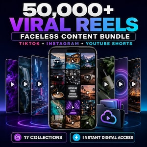 以下が含まれることがあります： 50,000+ VIRAL REELS FACELESS CONTENT BUNDLE TIKTOK INSTAGRAM YOUTUBE SHORTSというテキストを含むデジタルコンテンツバンドル。スマートフォンには、自然、高級感、ライフスタイルのシーンを含むビデオサムネイルのグリッドが表示され、近くにフォルダーアイコンがあります。