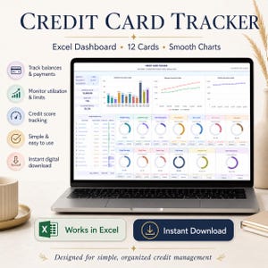 May include: A laptop screen displaying a Credit Card Tracker Excel dashboard with colorful bar charts, line graphs, and circular progress rings. The interface includes text labels for tracking balances, payments, credit scores, and utilization limits.