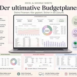 Haushaltsbuch Budgetplaner Deutsch: Yearsbudget, 50/30/20, Schulden- Spare-Tracker für Excel & Google Sheets