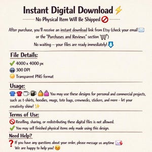 May include: An informational graphic for a digital download product. The text includes details about file size, format, and usage rights for personal and commercial projects like t-shirts, hoodies, and mugs. The graphic emphasizes that no physical item will be shipped.