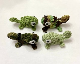 Set of Four Mini Camo Green Chameleon Plushies - 2.5 inch Small Crochet Animal Stuffed Toy Lizard - Ready to Ship - Miniature Plush Dolls