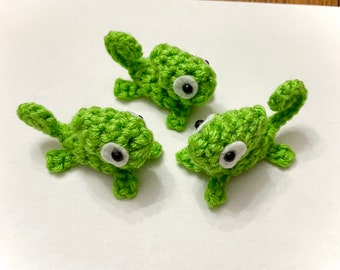 Set of Three Mini Green Chameleon Plushies - 2.5 inch Small Crochet Animal Stuffed Toy Lizard - Ready to Ship - Miniature Plush Doll