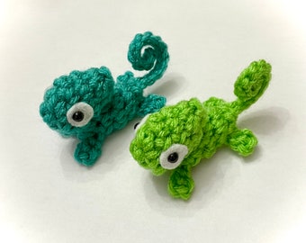 Set of Two Mini Green Chameleon Plushies - 2.5 inch Small Crochet Animal Stuffed Toy Lizard - Ready to Ship - Miniature Plush Doll