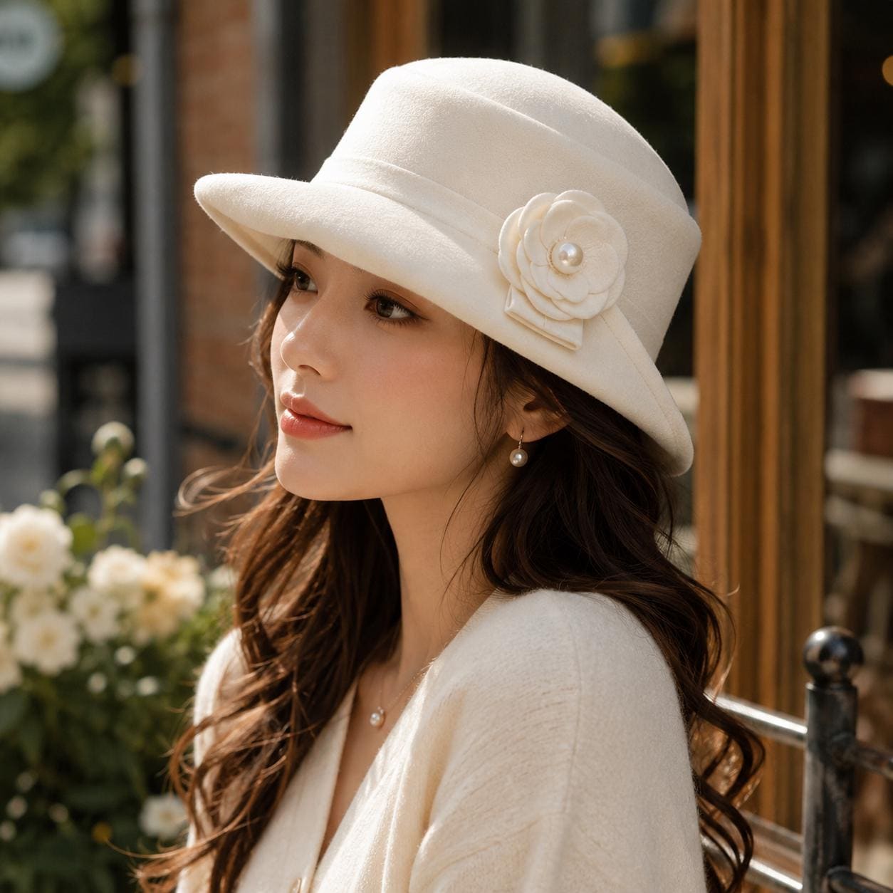 Vintage Wool Fedora Hat Beige Wide Brim French Style Women Felt Hat.