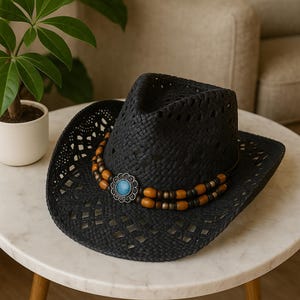 Boho Western Straw Cowboy Hat with Shell - Wooden Beads | Vintage Hollow Out Sun Hat for Women & Men | Summer Beach Holiday Cap.