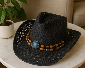 Straw Cowboy Hat: Beaded Trim, Shapeable Brim, Boho Western  display picture 3