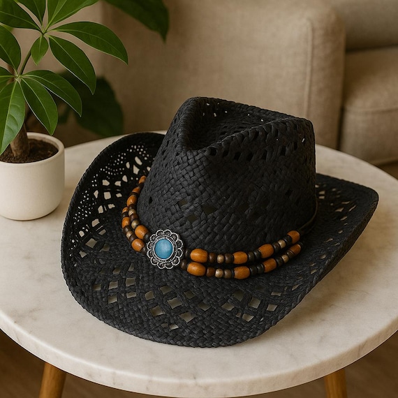 Vintage Western Cowboy Hat Decorative Band Unisex Wide Brim Straw Sun Hat Vintage Cowboy Hat Western Style with Decorative Band  main image 4