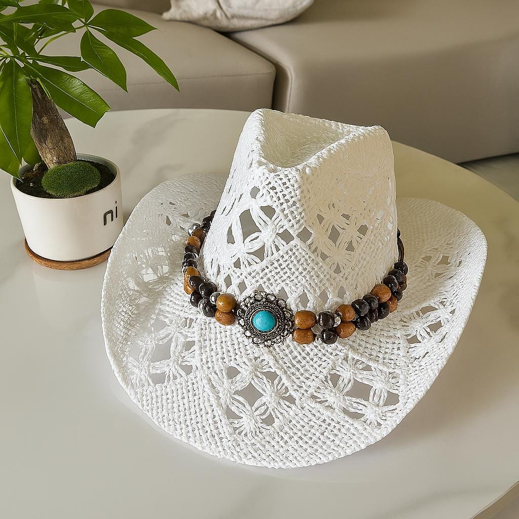 Boho Western Straw Cowboy Hat – Shell & Wooden Bead Sun Hat 