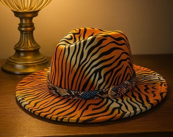 Bold Tiger Print Fedora Hat | Unisex Wide Brim Statement Hat