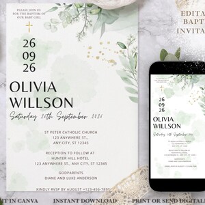 Peut inclure: Invitation de baptême pour une petite fille, avec le nom Olivia Willson et la date du 26 septembre 2021. Le design comprend de la verdure aquarelle, des accents dorés et une croix. Un smartphone affiche l'invitation.