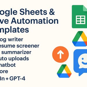 Puede incluir: Imagen que presenta "Google Sheets & Drive Automation Templates" con funciones como "Blog writer" y "Resume screener." También hay iconos de aplicaciones, incluyendo Google Sheets y Drive. El texto "n8n + GPT-4" está en la parte inferior.