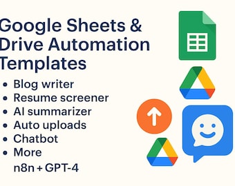 Plantillas de automatización de Google Sheets y Drive • Redacción de blogs, filtrado de currículums, resumen con IA, cargas automáticas, chatbot y más • n8n + GPT-4