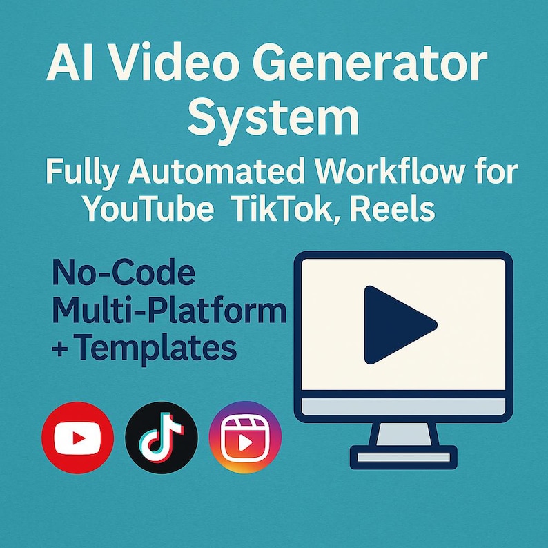 May include: A teal graphic with white text that reads "AI Video Generator System." Below, it says "Fully Automated Workflow for YouTube TikTok, Reels." The image includes social media icons and a computer screen with a play button.
