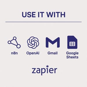 Puede incluir: Gr&aacute;fico con el texto "USE IT WITH" encima de cuatro iconos: n8n, OpenAI, Gmail y Google Sheets. La palabra "zapier" est&aacute; escrita debajo de los iconos en una fuente estilizada.