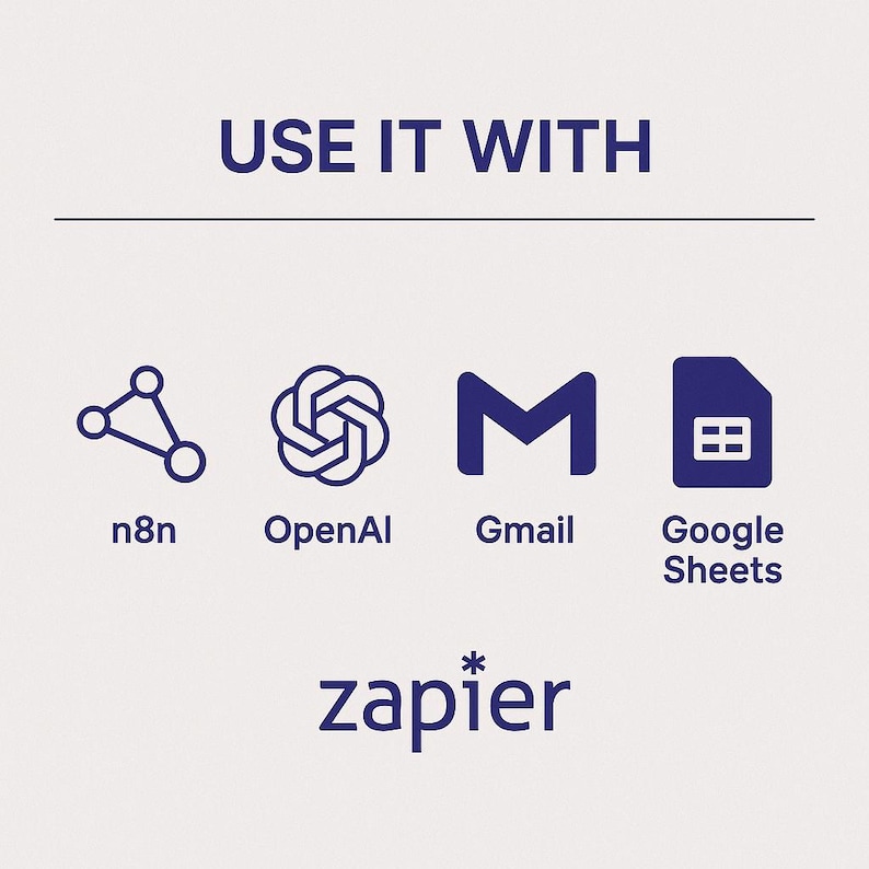 Puede incluir: Gr&aacute;fico con el texto "USE IT WITH" encima de cuatro iconos: n8n, OpenAI, Gmail y Google Sheets. La palabra "zapier" est&aacute; escrita debajo de los iconos en una fuente estilizada.