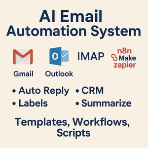 May include: An image with the text "AI Email Automation System" and icons for Gmail, Outlook, and IMAP. Additional text includes "Auto Reply," "CRM," "Labels," "Summarize," and "Templates, Workflows, Scripts."