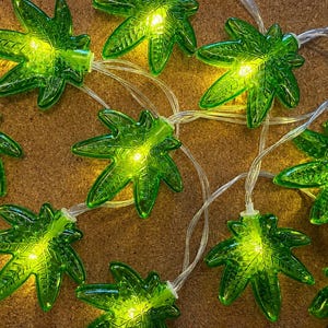 May include: A string of decorative LED lights featuring translucent green plastic leaf-shaped covers. Each leaf has a textured surface with visible veins and is illuminated from within by a warm yellow light, connected by a thin clear wire.