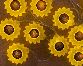 Guirnalda de luces de girasol, luces LED cálidas, decoración floral para habitaciones, luces de verano para patios, decoración para dormitorios, guirnaldas de boda, regalo para ella, 10 LED