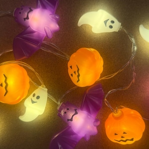 Könnte beinhalten: Eine Lichterkette mit Halloween-Motiven, darunter orangefarbene Kürbisse, lila Fledermäuse und weiße Geister. Die Lichter sind an einem transparenten Draht befestigt und strahlen ein warmes Licht aus, ideal für festliche Dekorationen.