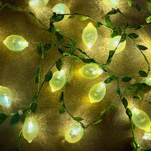 Peut inclure: Une guirlande lumineuse décorative avec des ampoules en forme de citron. Les ampoules sont de couleur jaune pâle et sont enfilées le long d'une vigne verte avec de petites feuilles vertes. Les lumières sont allumées, créant une lueur chaleureuse et accueillante.