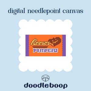 May include: A digital needlepoint canvas featuring a pixel art design of a Reese's Pumpkins candy wrapper in orange and purple. The text "digital needlepoint canvas" appears at the top, and the brand name "doodleboop" is printed at the bottom.