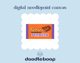 May include: A digital needlepoint canvas featuring a pixel art design of a Reese's Pumpkins candy wrapper in orange and purple. The text "digital needlepoint canvas" appears at the top, and the brand name "doodleboop" is printed at the bottom.