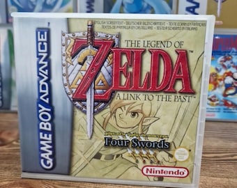 May include: A Game Boy Advance cartridge for "The Legend of Zelda: A Link to the Past & Four Swords." The game case features a shield and sword design with the game title in red. Other Pokemon game cases are visible in the background.