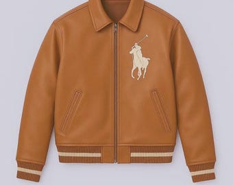 Polo Ralph Lauren Varsity Leather Jacket, Customized Polo Varsity Leather Jacket with Embroidered Horse Logo & Striped Trim/ Ideal Gift for