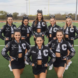 Könnte beinhalten: Eine Gruppe von Cheerleadern in schwarz-weißen Uniformen posiert auf einem grünen Feld. Jede Person trägt eine schwarze Collegejacke mit weißem Besatz, ein weißes Crop-Top und einen schwarzen Rock. Auf den Jacken steht das Wort "Cheer" und der Buchstabe "C".