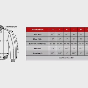May include: Diagram of a jacket with labeled measurements: front length, shoulder, chest, waist, and bottom. A size chart for men is included, showing chest, shoulder, and sleeve length measurements in inches for sizes XS to 4XL.