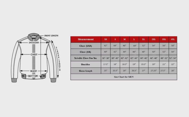 May include: Diagram of a jacket with labeled measurements: front length, shoulder, chest, waist, and bottom. A size chart for men is included, showing chest, shoulder, and sleeve length measurements in inches for sizes XS to 4XL.
