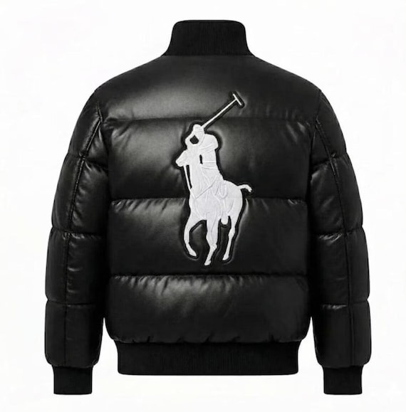 Polo Leather Jacket , Puffer Jacket, Genuine Sheepskin Black Leather Bomber, Custom School College jacket, Ideal gifted him RL