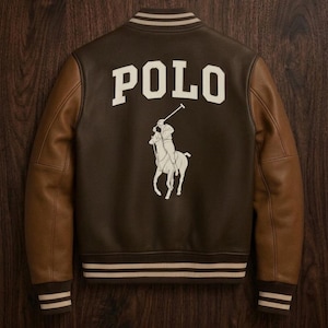 Polo leather Jacket brown Cowhide Leather Bomber Jacket Polo Embroidered Jacket for Men/ Ideal Gift for