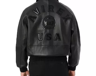 Customized Men's Avirex Jacket | Black Sheepskin Leather Bomber Jacket | USA Aviator Flight Pilot Coat, Gift For Him