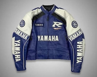 Chaqueta de cuero de carreras de MotoGP personalizada hecha a mano, chaqueta de cuero de vaca de motociclista Yamaha vintage, chaqueta de moto R1, regalo para él / ella.