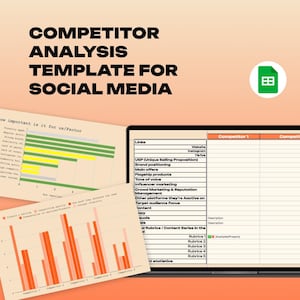 May include: A digital competitor analysis template for social media, featuring a spreadsheet with sections for competitor data, including links, USP, brand positioning, and content analysis. Charts and graphs are also visible.