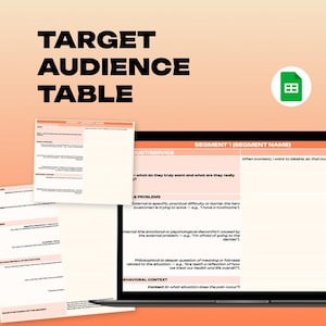 Puede incluir: Un documento de marketing digital titulado "TABLA DE PÚBLICO OBJETIVO" con un icono de Google Sheets. La tabla se muestra en la pantalla de un portátil e incluye secciones para producto/servicio, problemas y contexto conductual. Se ven documentos adicionales.