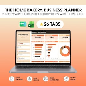 May include: A laptop displaying a home bakery business planner dashboard with 26 tabs. The screen shows financial data, order tracking, and profit charts. Text includes THE HOME BAKERY, BUSINESS PLANNER, YOU KNOW WHAT THE FLOUR COST. YOU DON'T KNOW WHAT THE CAKE COST.
