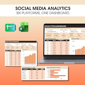 Könnte beinhalten: Ein Laptop zeigt ein Analyse-Dashboard mit Tabellen und Balkendiagrammen für Social-Media-Leistung. Der Bildschirm zeigt Daten für Lumen Skincare, einschließlich Reichweite und Interaktionen. Der Text lautet SOCIAL MEDIA ANALYTICS SIX PLATFORMS. ONE DASHBOARD.
