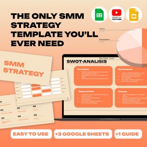 May include: An orange and white graphic with the text "THE ONLY SMM STRATEGY TEMPLATE YOU'LL EVER NEED." The image includes a laptop displaying a SWOT analysis, charts, and the words "EASY TO USE +3 GOOGLE SHEETS +1 GUIDE."
